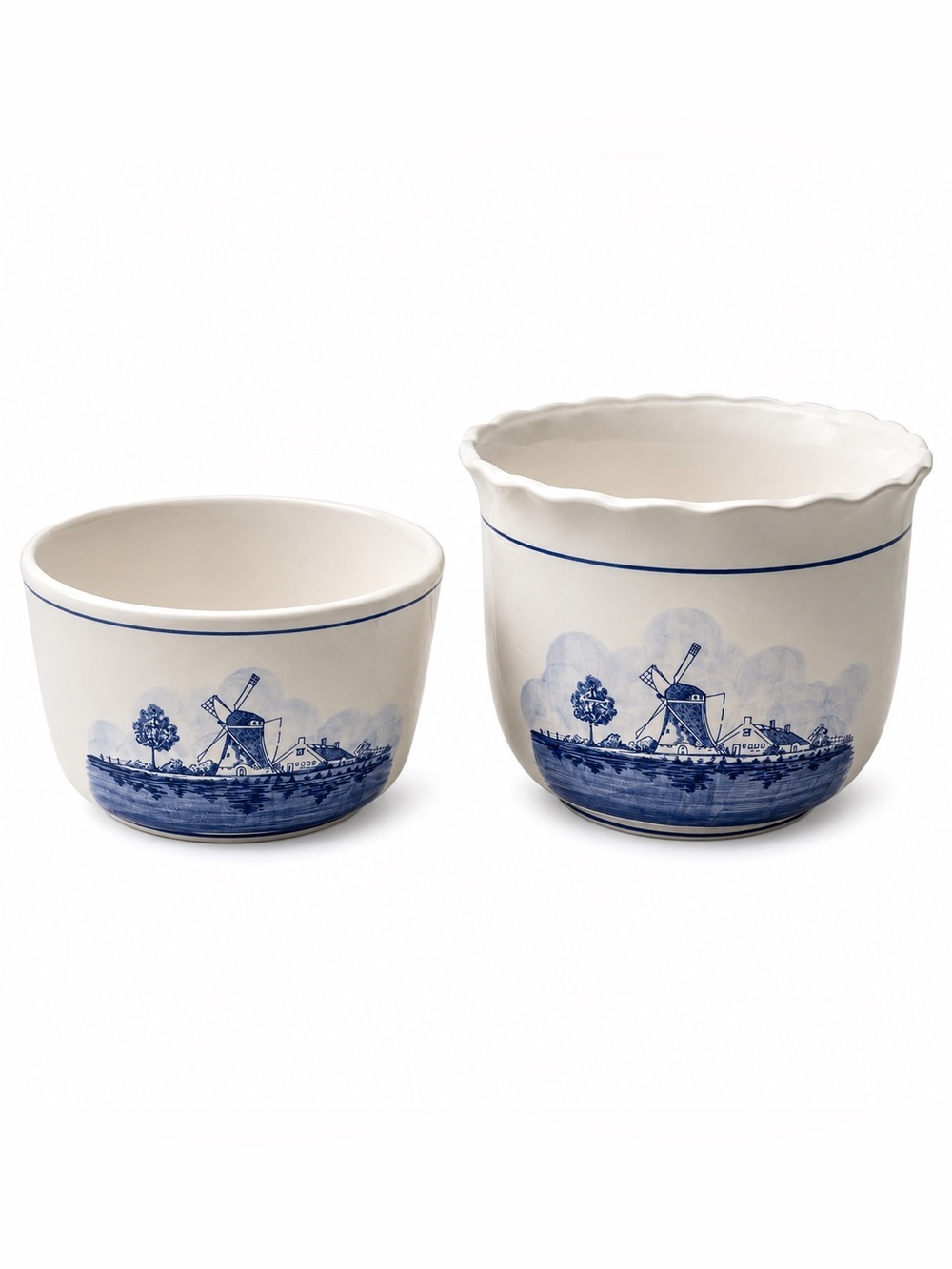 Vintage Delft Blue Dutch Windmill Ceramic Planter Cachepot Set Cottagecore Bowls - Picture 1 of 12